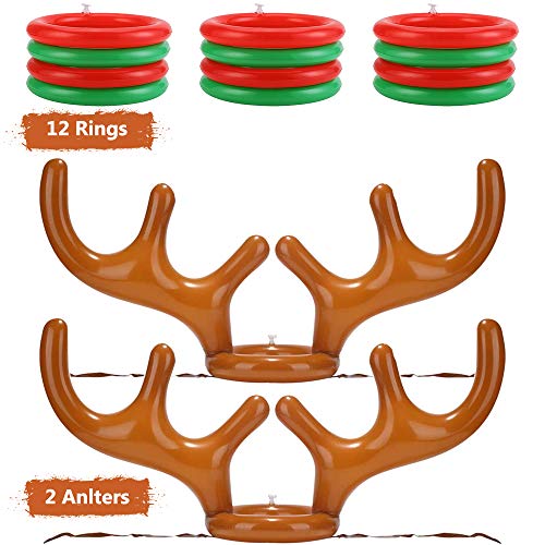 2+12 Inflatable Reindeer Antler Ring Toss Game Christmas Party Games 14pcs for Kids Christmas Party Favors & Christmas Games[2 Antlers+12 Rings]