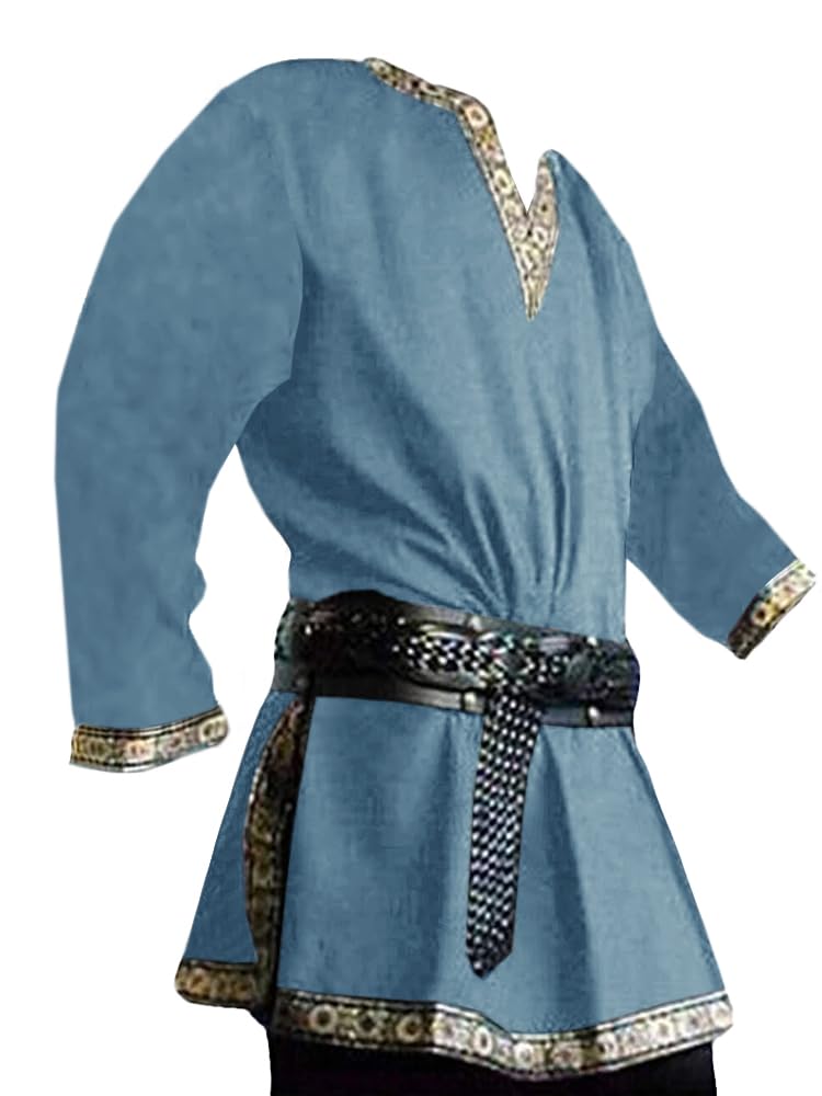 Runcati Men's Medieval Costume Renaissance Pirate Halloween Viking Tunic Knight Cosplay Warrior LARP Shirts, blue, L