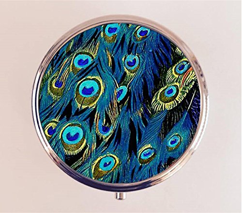 Peacock Feathers Pill Box Pillbox Case Bird Feather Art Deco Pattern