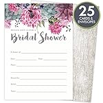 Bridal Shower Invitations Set of 25 Cards and Envelopes, Fill-In Style Vintage Rustic Design with Pink, Grey, Blue and Purple Watercolor Florals. Printed on Heavy 140lb Card Stock.