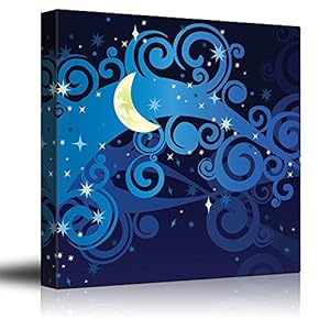 Vectored Illustration of a Yellow Crescent Moon on Blue Swirly Clouds and a Starry Sky - Canvas Art Home Art - 12x12 inches