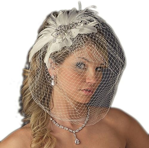 Olga Women's Vintage Couture Feather Wedding Bridal Clip with Birdcage Veil - Ivory