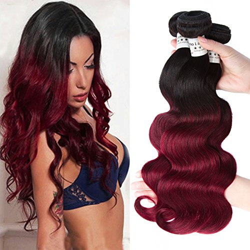 AM-Extensions Brazilian Hair 2 Tone Ombre Hair Extensions Weaves 7A Virgin Hair Body Wave Human Hair 3 Bundles 1B/99J Black to Burgundy (10"12"12 " with Closure 10")