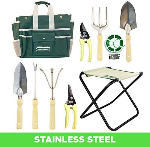 Garden Tool Set 10 Piece with Folding Stool, Storage Bag, 5 Heavy Duty Stainless Steel Garden Tools, 2 Pruners and 1 Roll of 100 ft