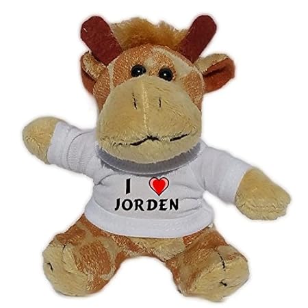 SHOPZEUS Plüsch Giraffe Schlüsselhalter mit T-shirt mit Aufschrift Ich liebe Jorden (Vorname/Zuname/Spitzname)