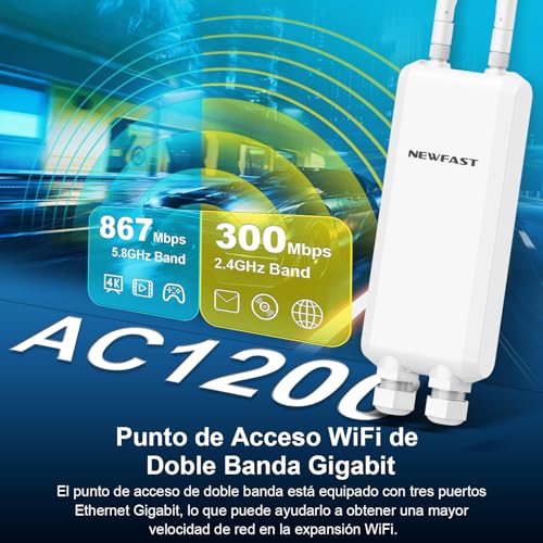 NEWFAST 1200Mbps Repetidor WiFi Exterior para Larga Distancia, 5.8Ghz/2.4Ghz, IP66 Impermeable Amplificador WiFi Exterior Doble Banda, Soporte PoE, WPA2, Punto de Acceso Exterior