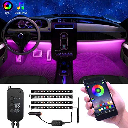 Interior Car Lights, YLCVBUD 4pcs RGB Car LED Strip Lights Waterproof APP Control 48 LED Multi Lighting Kits, Sync to Music Car Lighting + DC 12V Car Charger