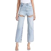 LaurelTree Women's Baggy High Waist Jeans with Rhinestone Studded Cut Outs Ripped Bedazzled Denim Fashion Y2K Wide Leg Pants