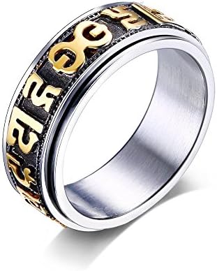 Stainless Steel Retro Tribal Buddhist Om Mani Padme Hum Band Two Tone 6 Mantra Spinner Rings for Men,size 11