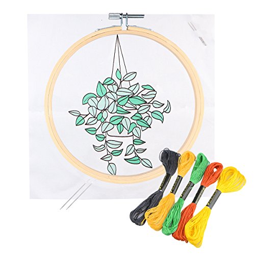 Unime Full Range of Embroidery Starter Kit with Partten, Cross Stitch Kit Including Embroidery Cloth with Color Pattern, Bamboo Embroidery Hoop, Color Threads, and Tools Kit (Scindapsus)
