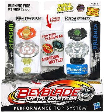 Beyblade, Metal Masters, Exclusive Burning Fire Strike Set (Burn Fireblaze #BB-59A and Poison Scorpio #B-110), 2-Pack