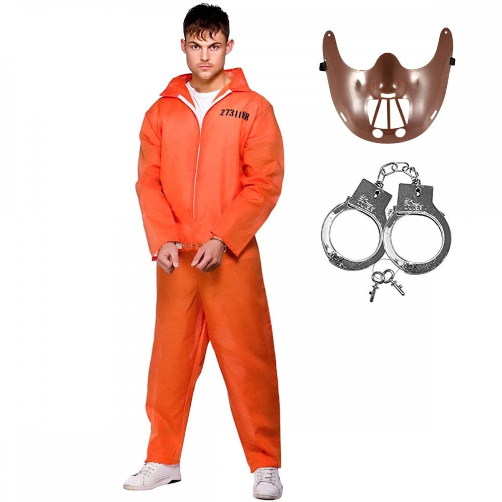 Adult Mens Orange Convict Suit Fancy Dress Costume + Handcuffs + Hannibal Mask (Medium (41" Chest))