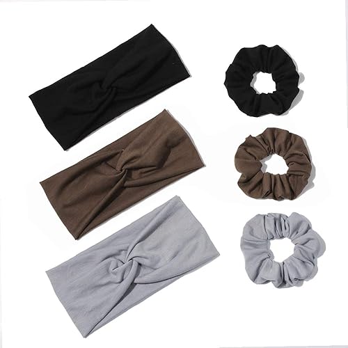 6 Pack Wide Headbands for Women - Soft Elastic Hair bands turban for Teen Girls Head Wrap Accessories, Non-slip and Breathable (3Set Black Grey Brown)