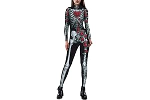 Timemory Halloween Women Digital Skeleton Tight One-piece Swimsuit Costume Jumpsuit with Zip-Back