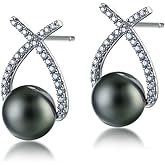 Lunar Belle 10mm Tahitian Black Pearl Halo Stud Earrings with Moissanite in Sterling Silver, Chic Jewelry Gifts for Women (Sea Bloom Halo)