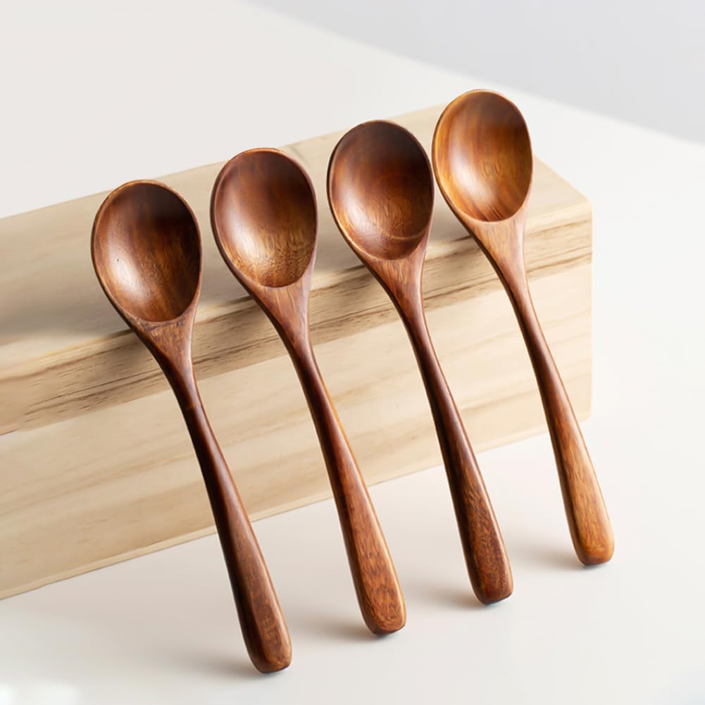 Photo 1 of 4 PCS Wooden Spoons, Round Asian Soup Spoon for Salad Desserts, Coffee, Snacks, Cereal, and Fruit