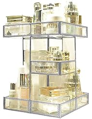 360 Degree Rotation Visible Skincare Organizer Antique Countertop Vanity Cosmetic Storage Mirror Glass Makeup Holder,Spin Large Capacity Storage for Brushes Lipsticks Skincare Toner (Silver)