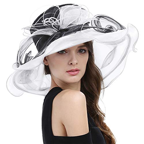 Women's Fascinators Wide Brim Sun Hat for Kentucky Derby, Church, Wedding, Tea Party, Royal Ascot, Easter (Black/White)