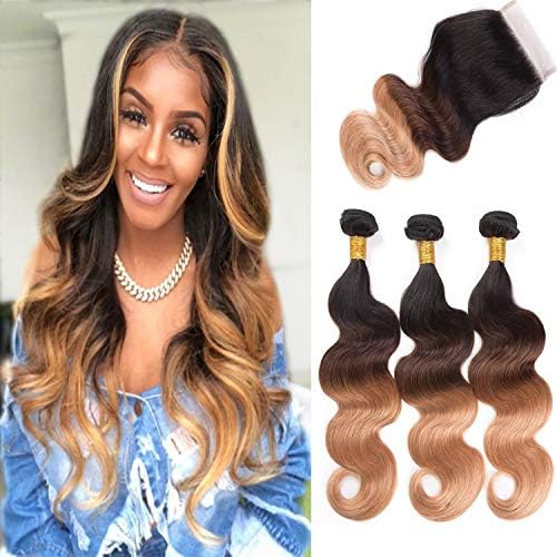 ALI RAIN Human Hair Bundles Body Wave Virgin Brazilian Hair Bundles with Closure Weave Hair Human Bundles With Closure 3 Bundles with Closure (20 22 24 + 18, T1B/4/27)