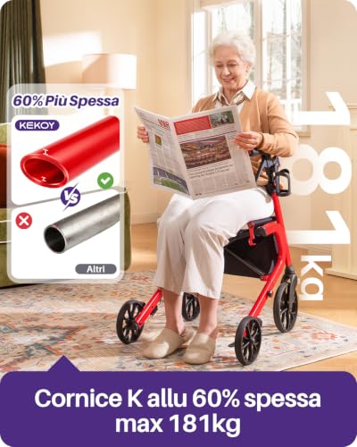 Kekoy Elderly Walker with 4 Wheels with Seat, Foldable, 399 lbs Load, Seat 44 cm Wide, Wheels 25 cm for All Terms, Height Adjustable, Brakes with Hidden Cables, Storage Bag, Red