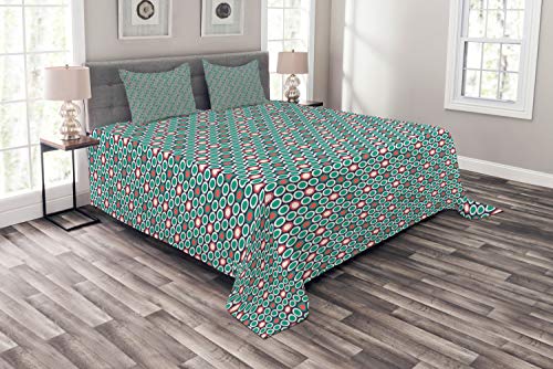 Lunarable Mid Century Modern Bedspread, Circles Round Polka Dots Print, Decorative Quilted 3 Piece Coverlet Set with 2 Pillow Shams, Dark Blue Grey Dark Seafoam Pale Ruby and Eggshell