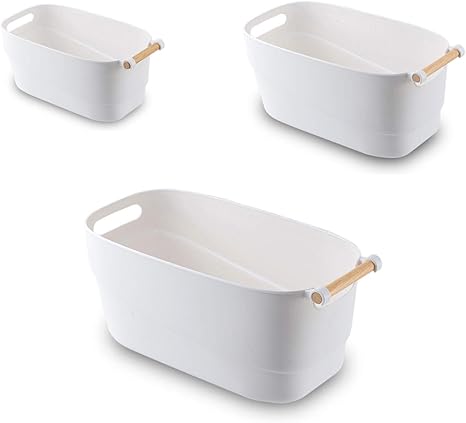 Amazon 家のための流行の衣服収納バケツ 収納バスケットプラスチック子供のおもちゃ収納バスケット両耳肥厚多機能白収納木製ハンドルなしカバー収納ボックス 27 14 5 12 Cm サイズ 3 Models かご バスケット オンライン通販