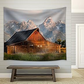 Wood Hut in Front of Mountains - Fabric Wall Tapestry Home Decor - 51x60 inches