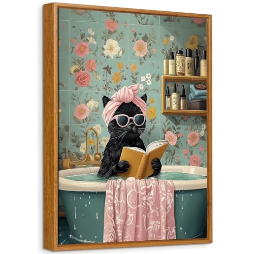 Framed Picture Modern Funny Black Cat Picture Decoration Cute Black Cat Bathing Canvas Painting Picture Decorative Pictures Living Room Bedroom Bathroom Toilet Children's Room 30 x 40 cm