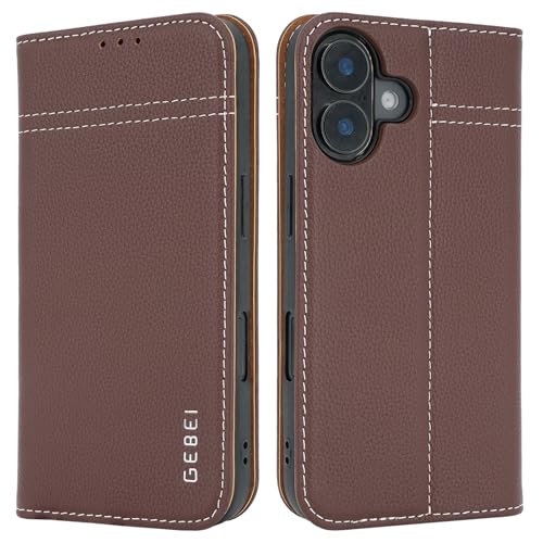 Gebei Hülle Echt Leder für iPhone 16 (6,1") - Premium Echte Lederhülle mit Standfunktion Kartenfach Magnetverschluss Flip Case Ledertasche Handyhülle 