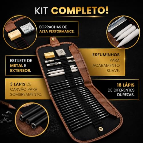 Kit Lápis de Desenho Profissional 29 Peças com Estojo Portátil, Lápis Artísticos, Borrachas, Estilete e Acessórios para Artistas e Estudantes Linha Super Premium 2H B HB 2B 3B 4B 5B 6B 7B 8B