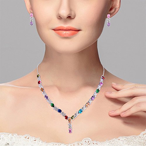 EleQueen Women's Silver-tone Cubic Zirconia Oval Shape Leaf Necklace Earrings Set For Brides And Weddings Multicolor