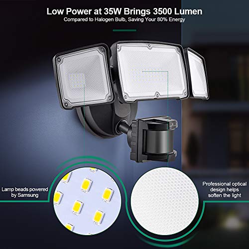 LED Security Lights, 35W Motion Sensor Light Outdoor, GLORIOUS-LITE 3 Head Flood Light with Dusk to Dawn Mode, 5500K-6000K, IP 65 Waterproof, ETL Certified for Garage, Yard, Porch, Entryways - Black