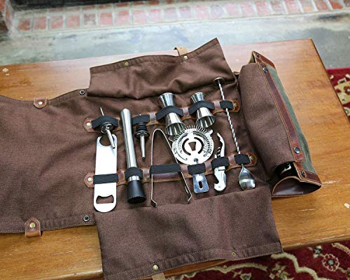 Professional Bartender Bag with Bar Tools Roll Up Bartender Set Leather and Canvas Bar Mixing Kit with Cocktail Equipment Portable Traveling Bartender Starter Kit Rolling Tool Bag - Thumbnail 6