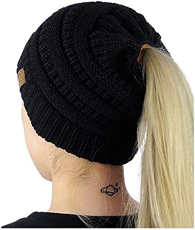 ADI Women's Warm Cable Knitted Messy High Bun Hat Beanie With Hole For Pony Tail Skull Cap (Black)