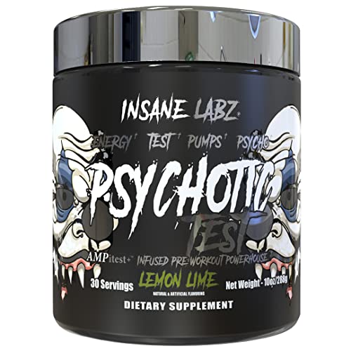 Insane Labz Psychotic Test, High Stim Testosterone Energy and Pump Boosting Pre-Workout Powder with DMAE Bitartrate, D Aspartic Acid, Creatine HCL and Glycerol Monostearate, 30 Servings, Fruit Punch