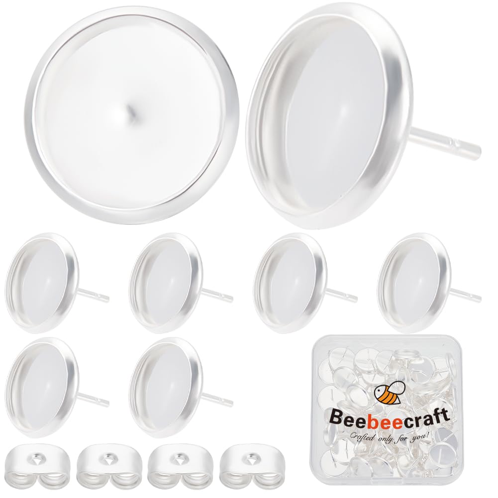 Beebeecraft 1 Box 50Pcs Cabochon Stud Earring Blanks 925 Sterling Silver Plated Stainless Steel Brass Round Prong Bezels Trays Post Studs Butterfly Backs Settings for Jewelry Making Earrings Findings