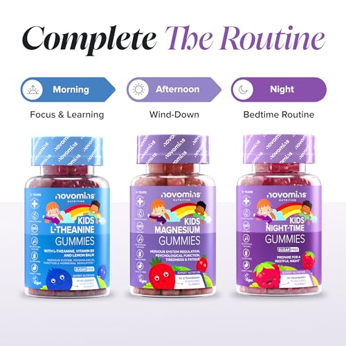 Kids Night-Time Gummies - 30 Gummies - Magnesium, L-Theanine, Vitamin B Complex - Vegan & Gluten-Free - Suitable for Ages 3+ - Novomins