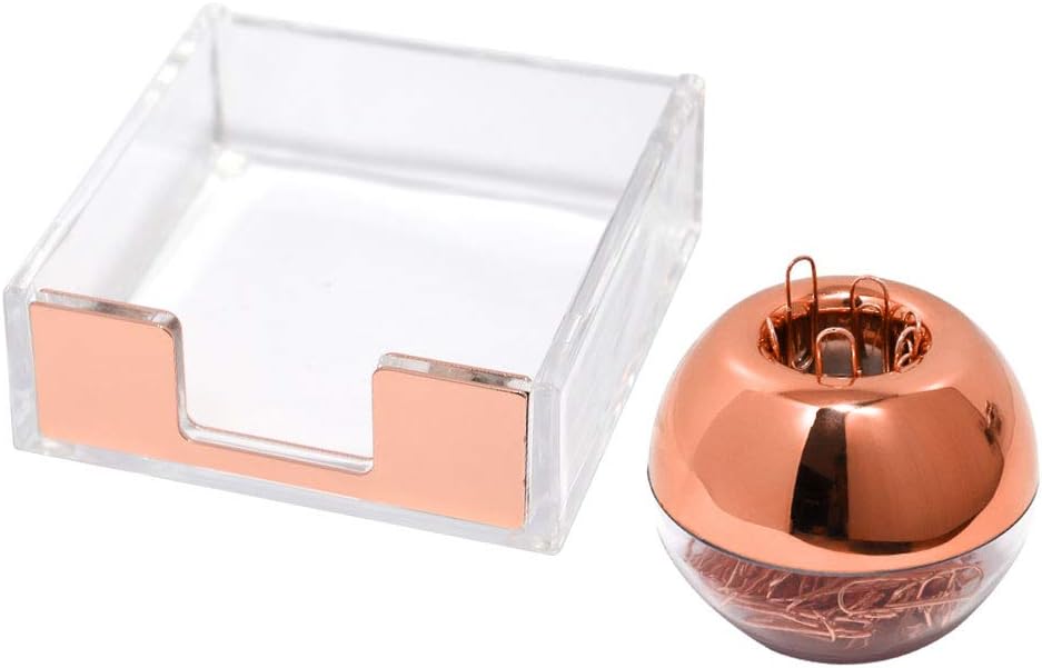 Multibey Sticky Memo Pad Holder Rose Gold Magnetic Paper Clips Holder with 100 pcs Paper Clips, Clear Acrylic Stationery Set Desk Organizer for School Office (Rose Gold Clear)