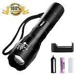 LED Tactical Flashlight, 900 Lumen XML T6 Portable Outdoor Water Resistant Handheld Torch with Adjustable Focus and 5 Light Modes,Rechargeable 18650 Lithium Ion Battery and Charger