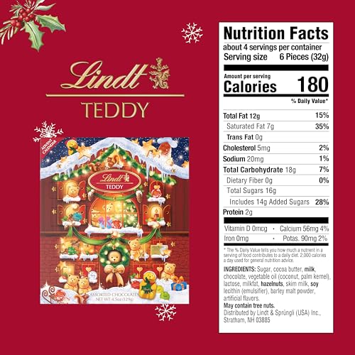 LINDT HOLIDAY TEDDY BEAR CHOCOLATE CANDY ADVENT CALENDAR, 4.5 OZ.