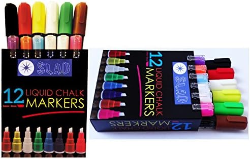 12 Pack Fluorescent Liquid Chalk Markers by SLAD – 9 Neon + 3 White Paint Markers - Reversible Bullet Tips - 2 Replacement Tips - New Cap Design – Washable Window Paint Markers