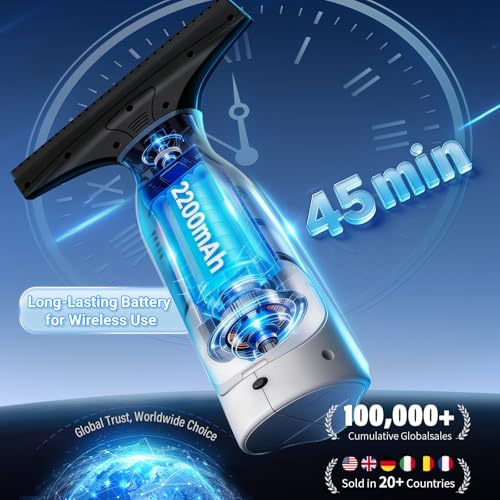 Eave Window Vac Kit, Window Cleaning Equipment with 17cm & 28cm Suction Nozzles, 2000pa Window Vacuum Cleaner Cordless with 45min Battery Life & 270ml Water Tank, Suitable for Windows, Mirrors, WC07