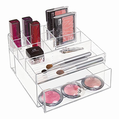 InterDesign Drawers Caja con compartimentos | Caja de maquillaje con 1 cajn y 11 compartimentos | Organizador de maquillaje o artculos de oficina | Plstico transparente