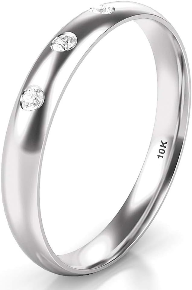 10K White/Yellow/Rose Gold 3 Diamond 3MM Dome Wedding Anniversary Band Ring