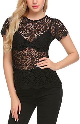 Miuniu Women's Short Sleeve Hollow Out Top Round Neck Lace Patchwork Basic Shirt