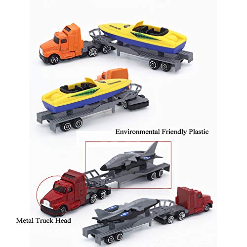 CORPER TOYS Trucks with Flatbed Tractor Trailer Playset Transport Series Die-cast Model Fight Jet Rocket Yacht Boat Carrier Vehicle - 3 Sets