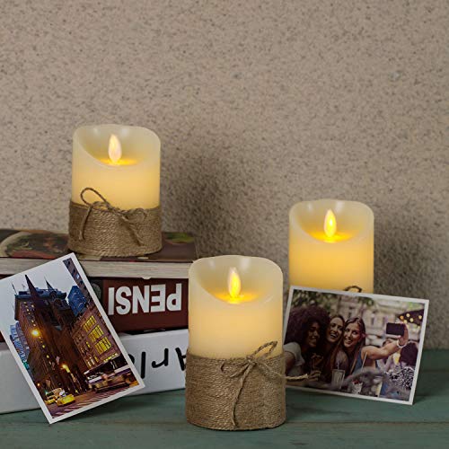 Aku Tonpa Flameless Candles Battery Operated Pillar Real Wax Flickering Moving Wick Electric LED Candle Gift Set with Remote Control and Timer, Ivory Wax with Hemp Rope - Thumbnail 5