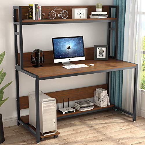 Tribesigns 55" Large Computer Desk with Hutch, Modern Writing Desk with Bookshelf, PC Laptop Study Table Workstation for Home, Cherry Brown+ Black Legs - Thumbnail 3