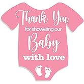 Cute Thank You for Showering Our Baby with Love Pink Baby Onesie Shaped Girl Baby Shower Thank You Stickers Labels for Girl Baby Shower Birthday Party Favor Label Decorations(10 in,80 Labels)
