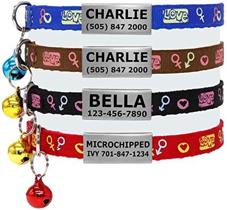 Vcalabashor Custom Cat Collars with Jingle Bell/Stainless Steel No Noise Slide-On Tags On Collar/3 Lines Personalized Text (7-10", Love)